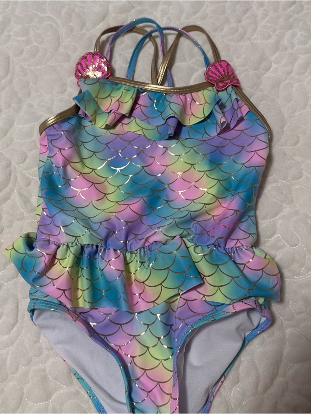 Betsey Johnson Pastel Rainbow Mermaid-Scale One-Piece Swimsuit with Gold Trim